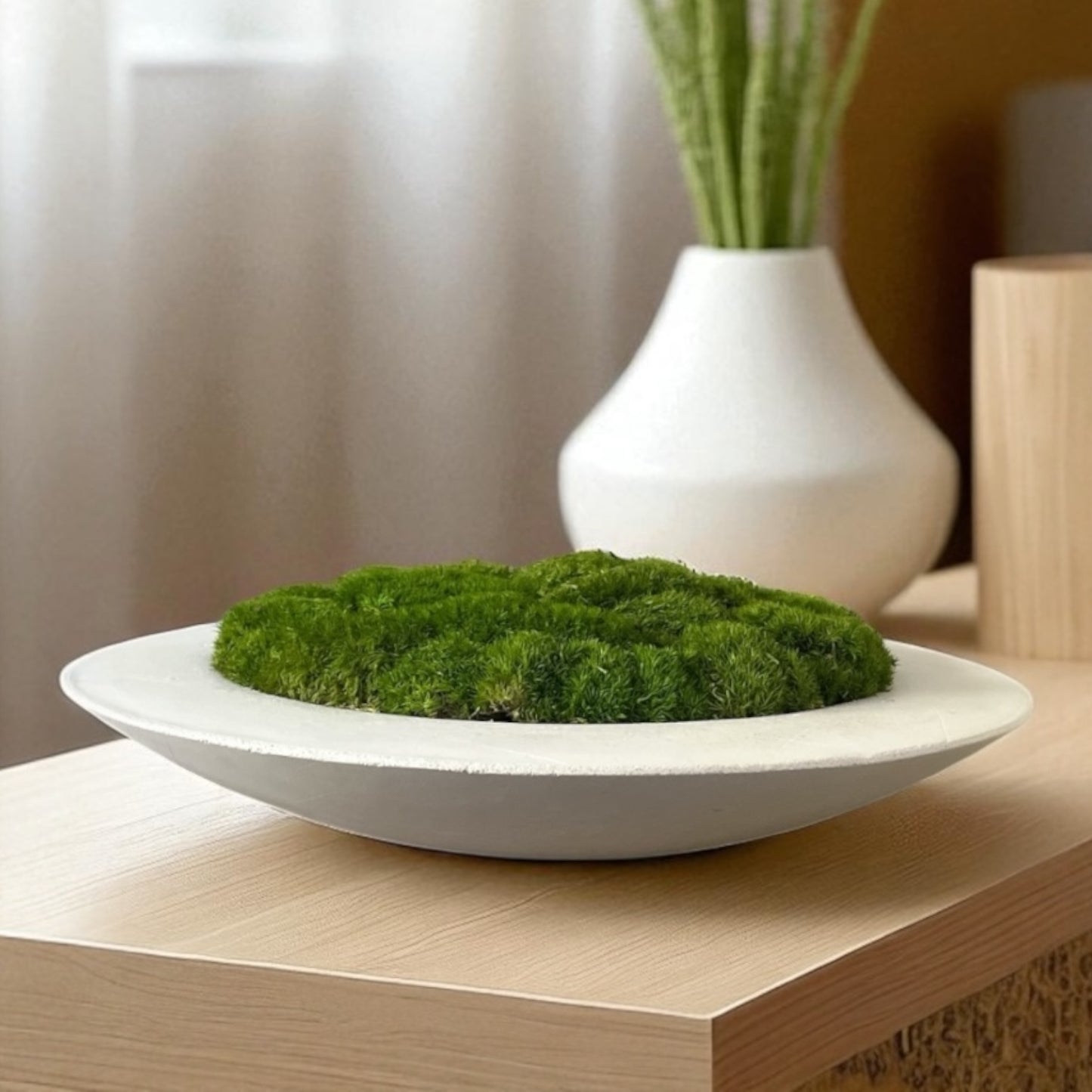 Handmade 15” Round Concrete bowl filled with preserved moss - In store pickup only