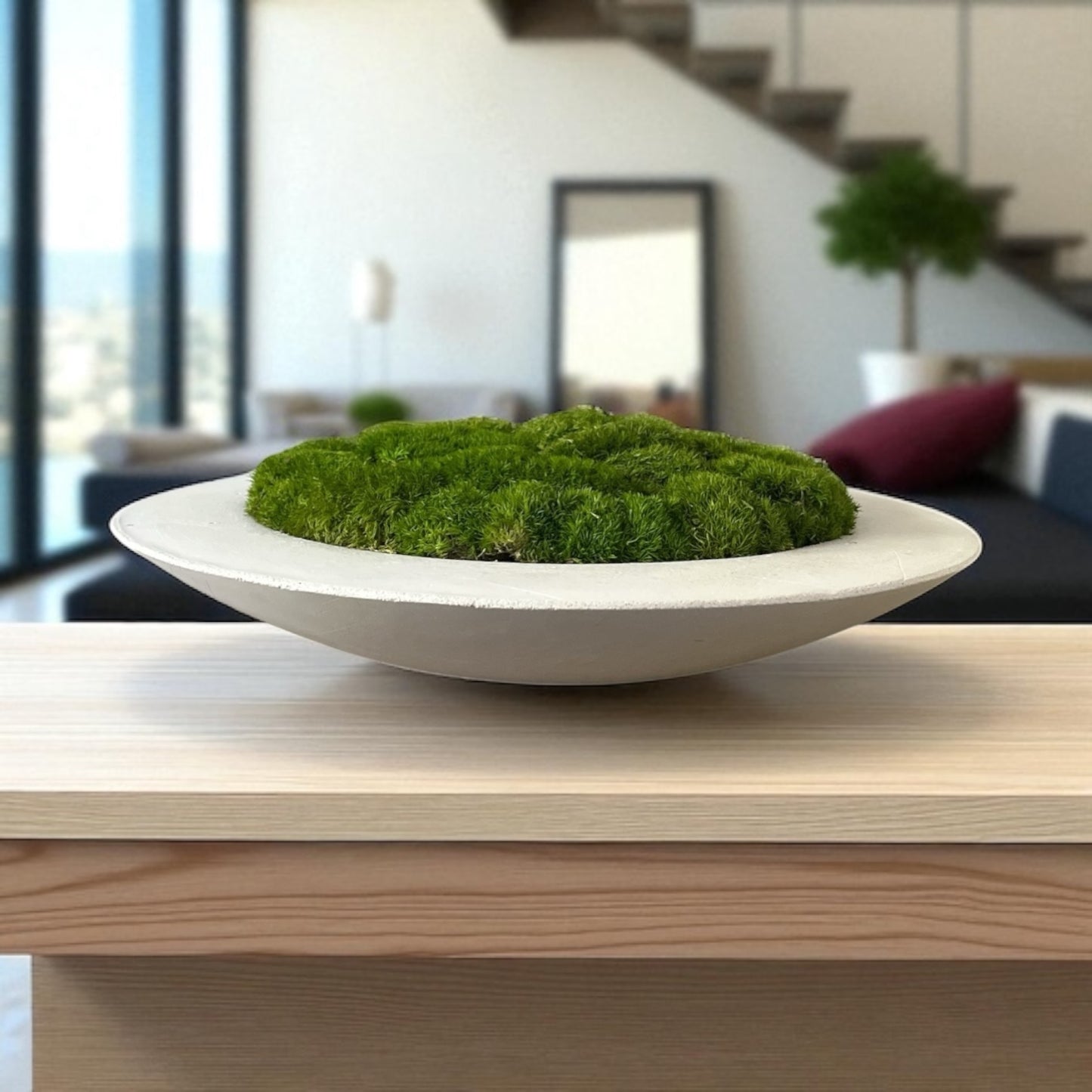 Handmade 15” Round Concrete bowl filled with preserved moss - In store pickup only