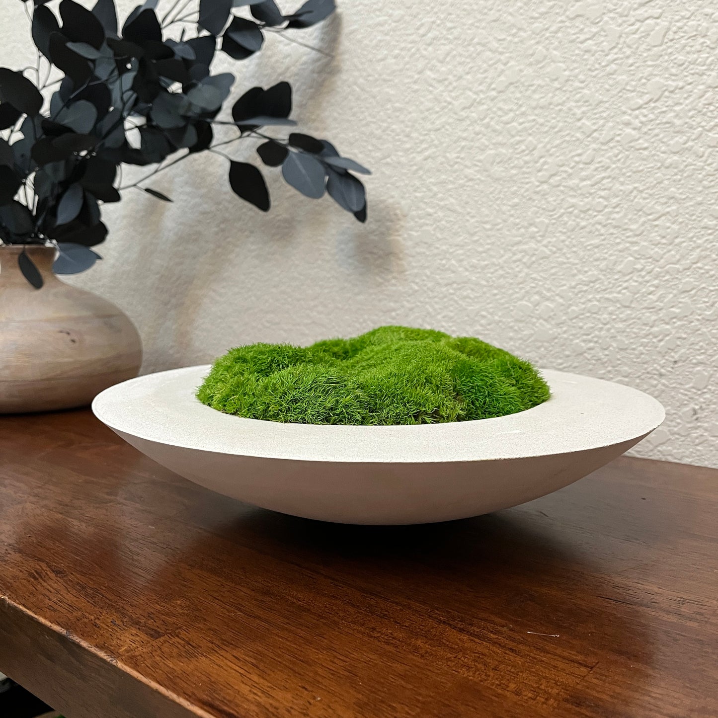 Handmade 15” Round Concrete bowl filled with preserved moss - In store pickup only