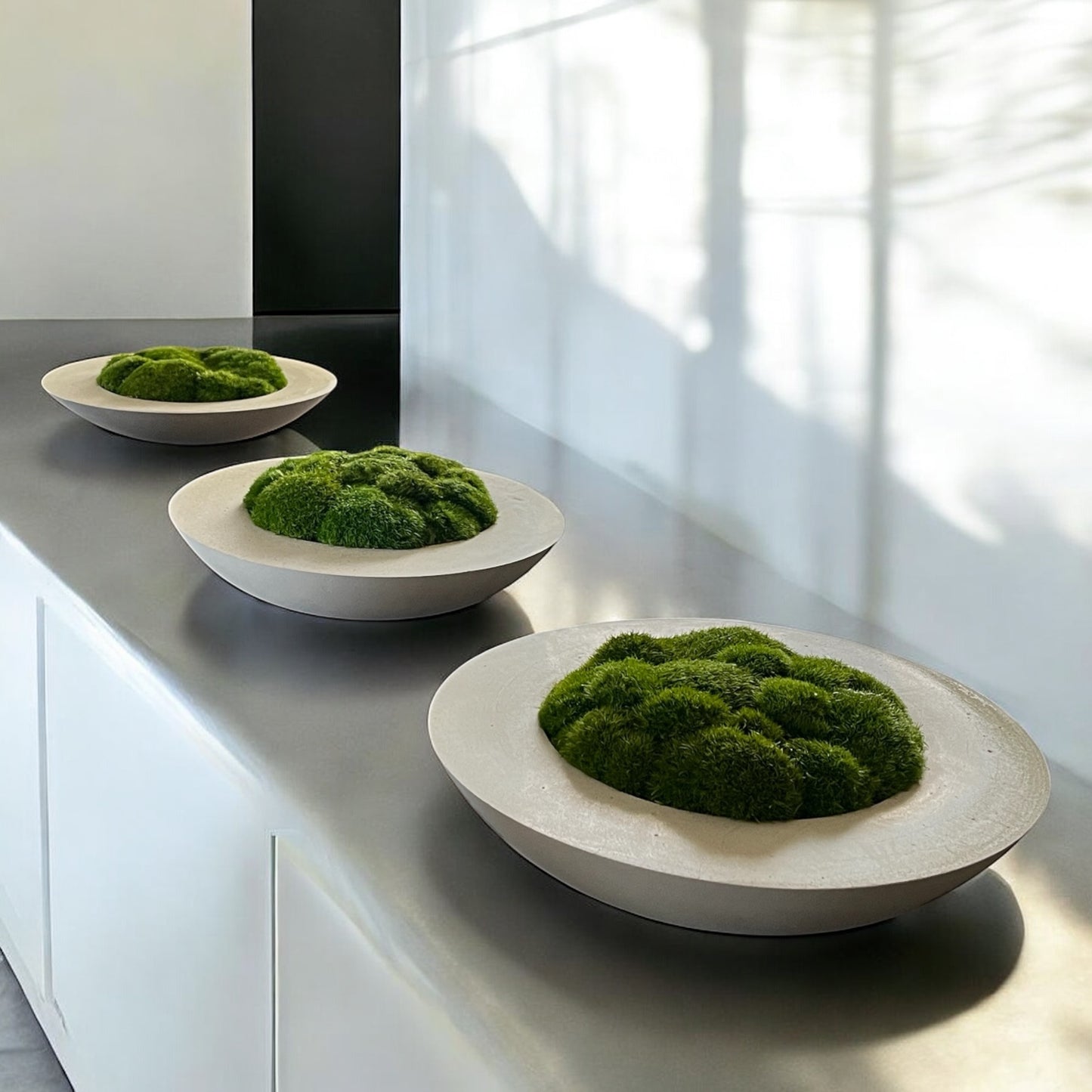 Handmade 15” Round Concrete bowl filled with preserved moss - In store pickup only