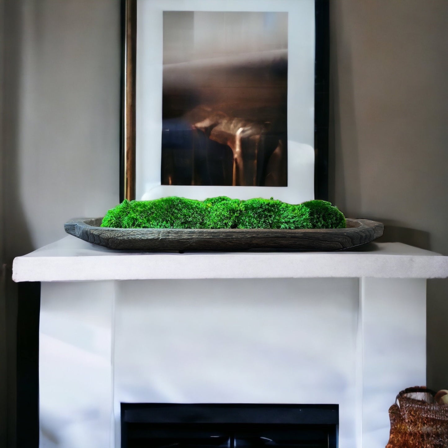 Moss Centerpiece Table – 28" Long Preserved Green Arrangement in Paulownia Wood Bowl