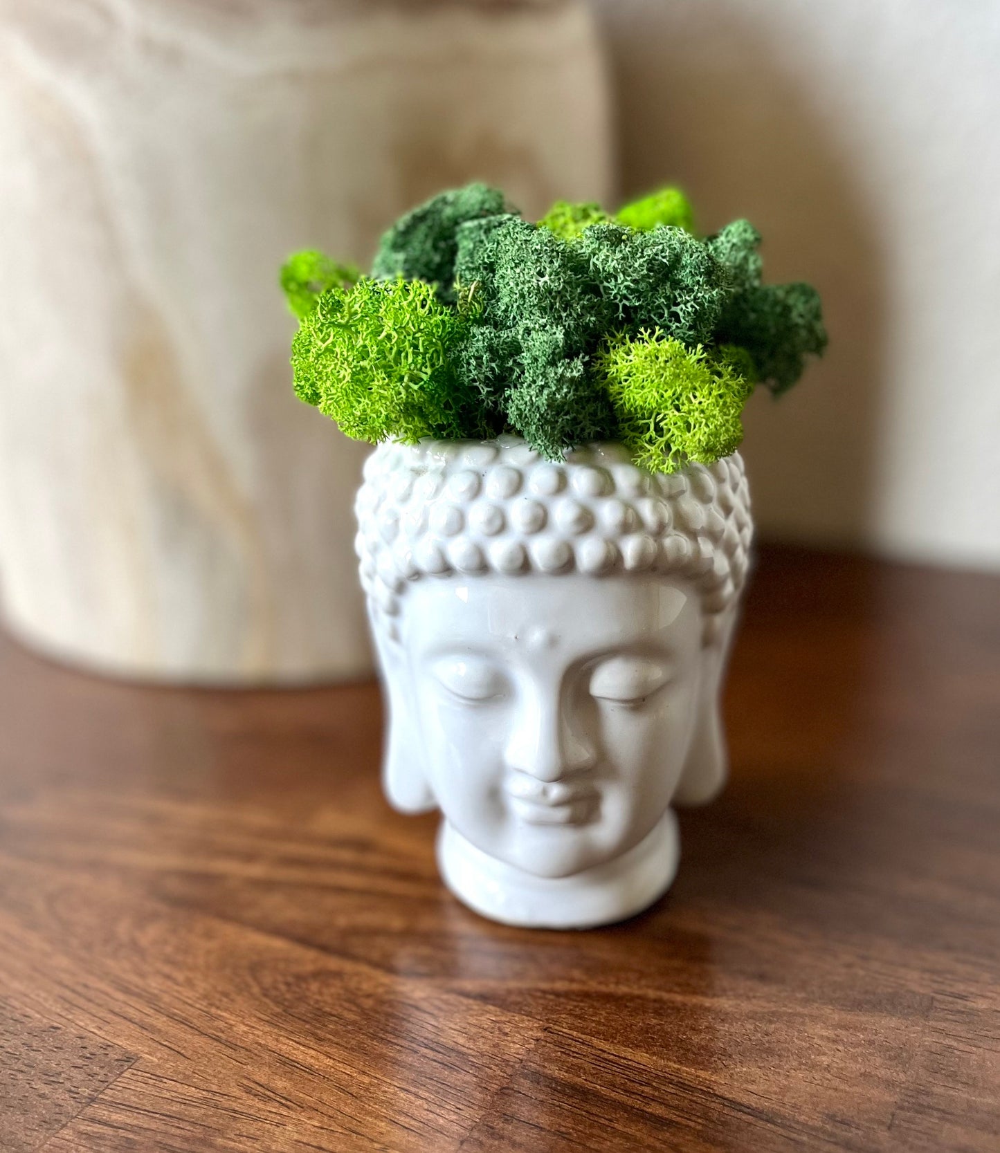 Buddha Head Planter – White Ceramic with Preserved Moss Zen Garden Home Decor