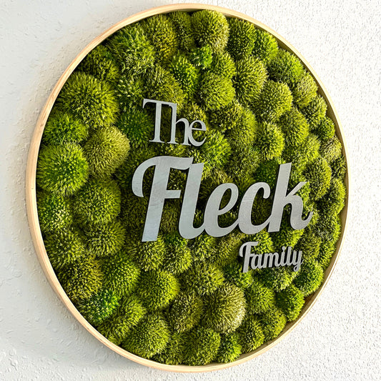 Round preserved moss wall art in a solid wood frame mounted on an interior wall