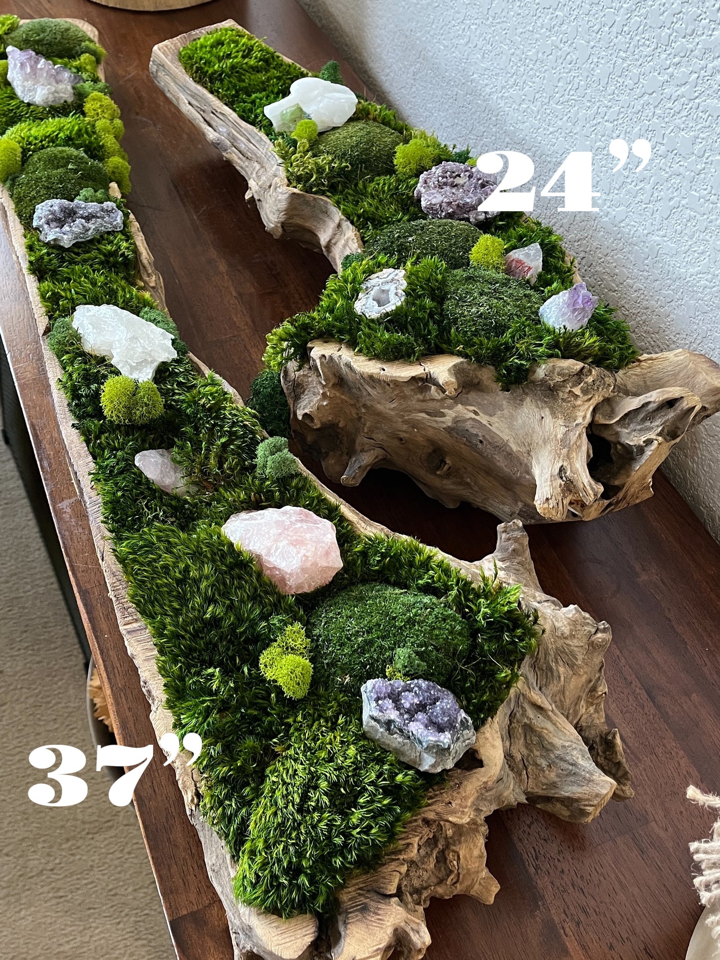 37" or 24" Crystal Table Centerpiece Driftwood Preserved moss arrangement