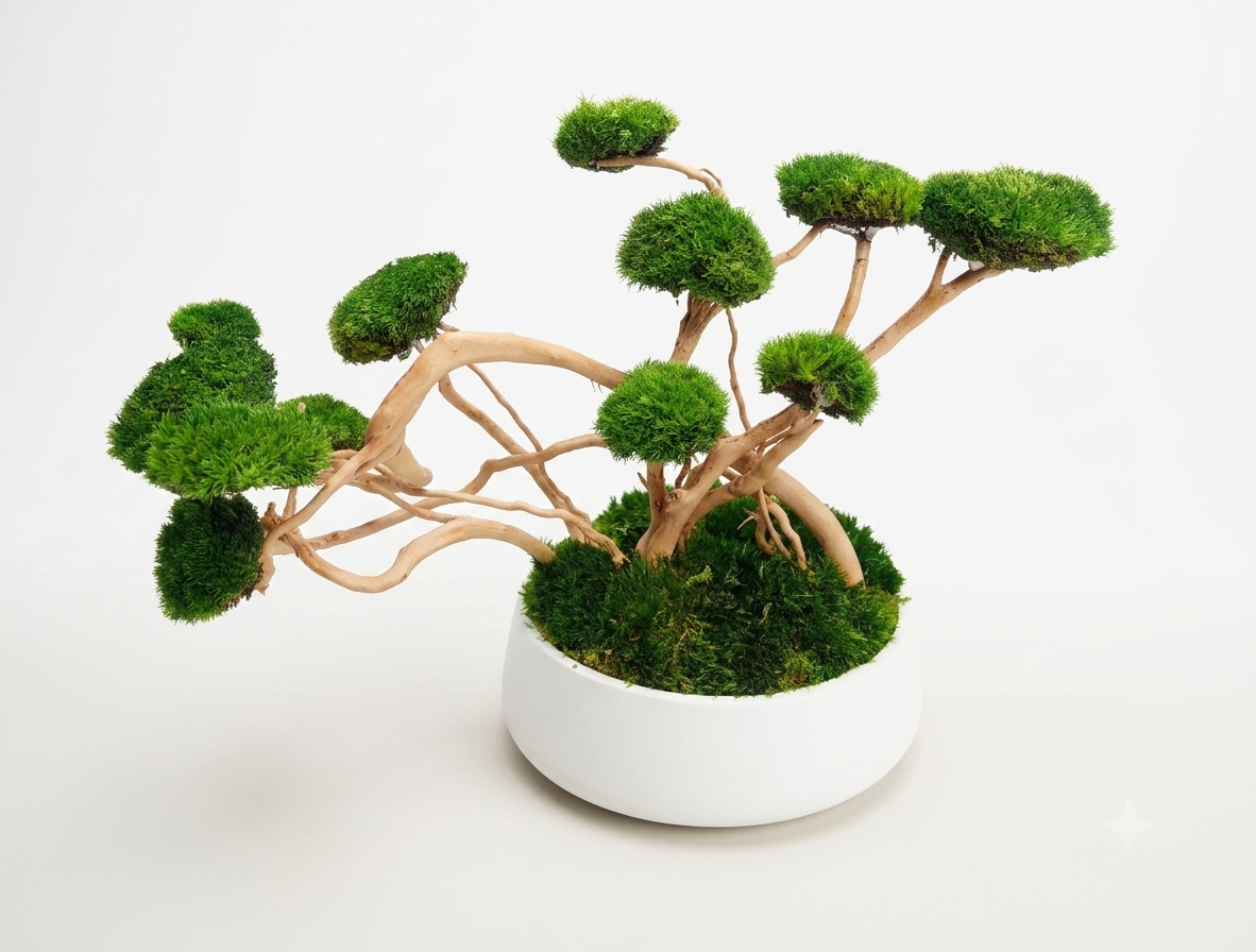 Preserved Moss Bonsai Tree Real Driftwood Branches Green Moss Sculpture Handmade Concrete Bowl Planter Maintenance Free Indoor Plant No Water Needed Zen Desk Decoration Office Workspace Styling Home Meditation Space Long Lasting Eight Year
