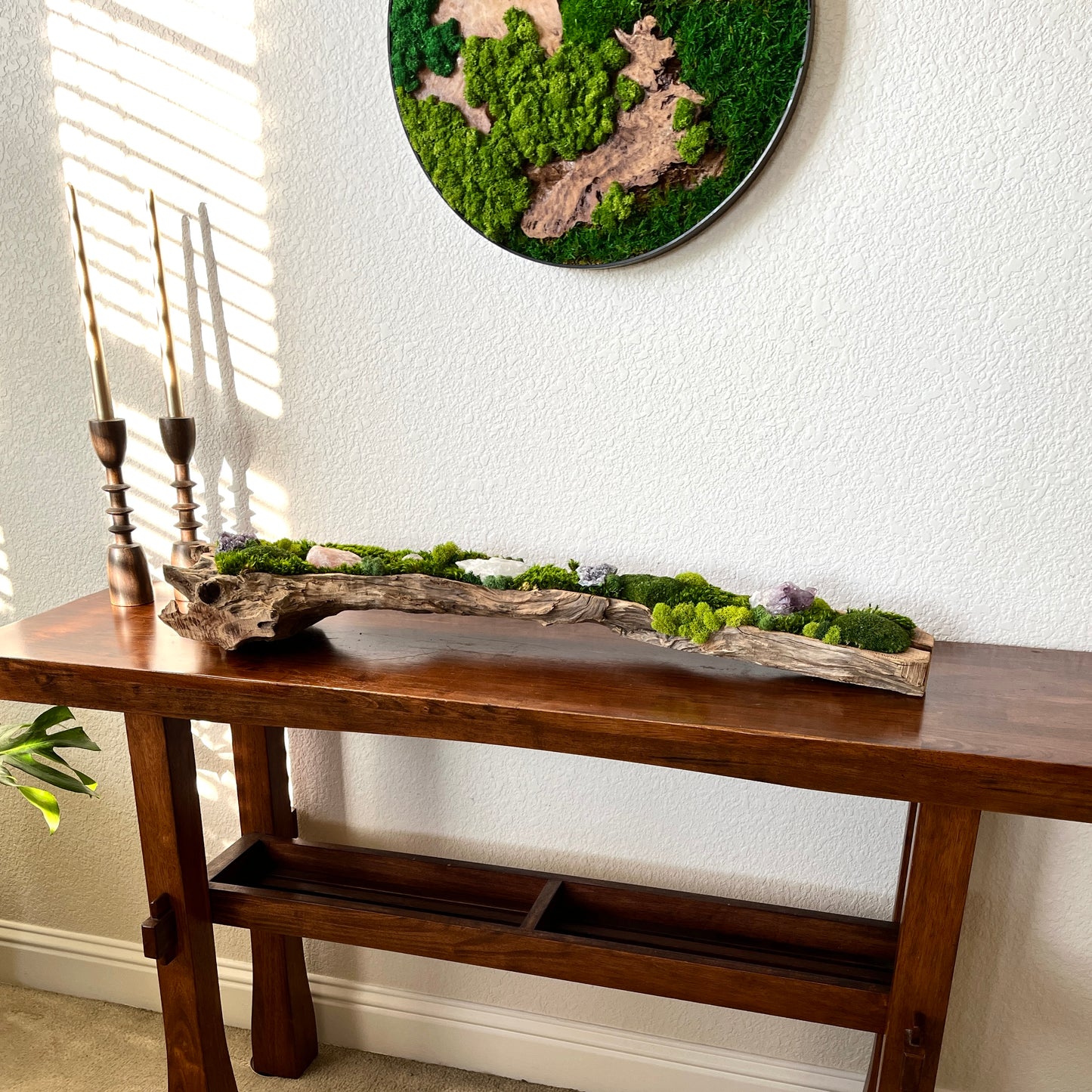 37" or 24" Crystal Table Centerpiece Driftwood Preserved moss arrangement