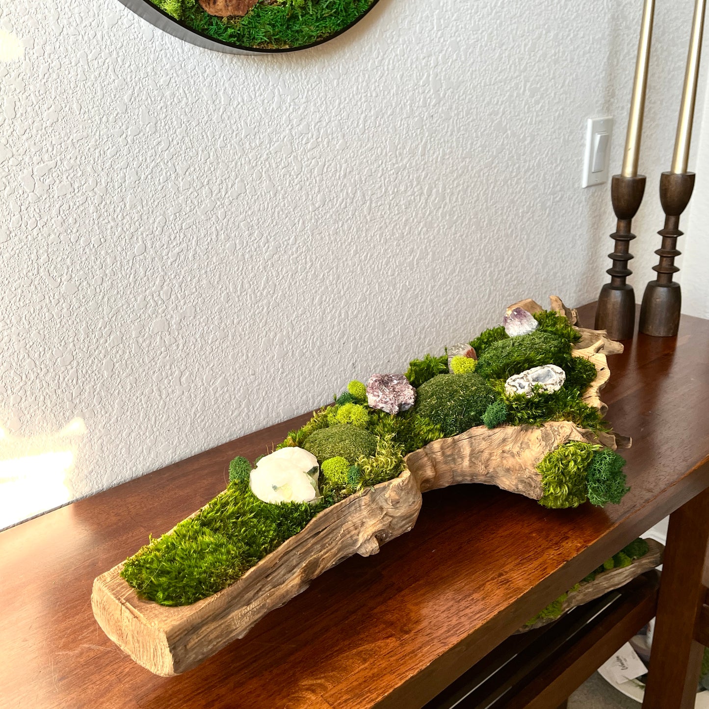 37" or 24" Crystal Table Centerpiece Driftwood Preserved moss arrangement