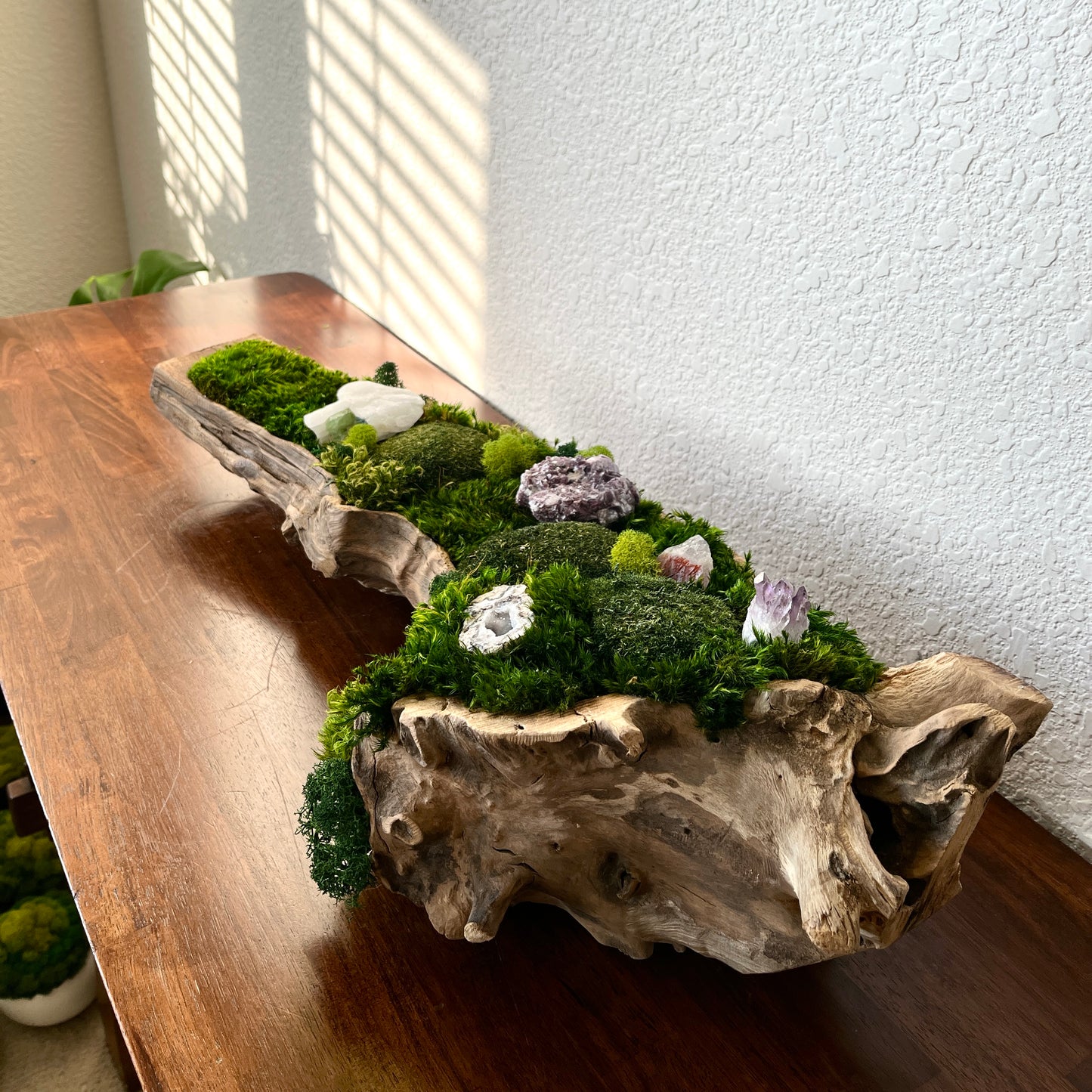 37" or 24" Crystal Table Centerpiece Driftwood Preserved moss arrangement