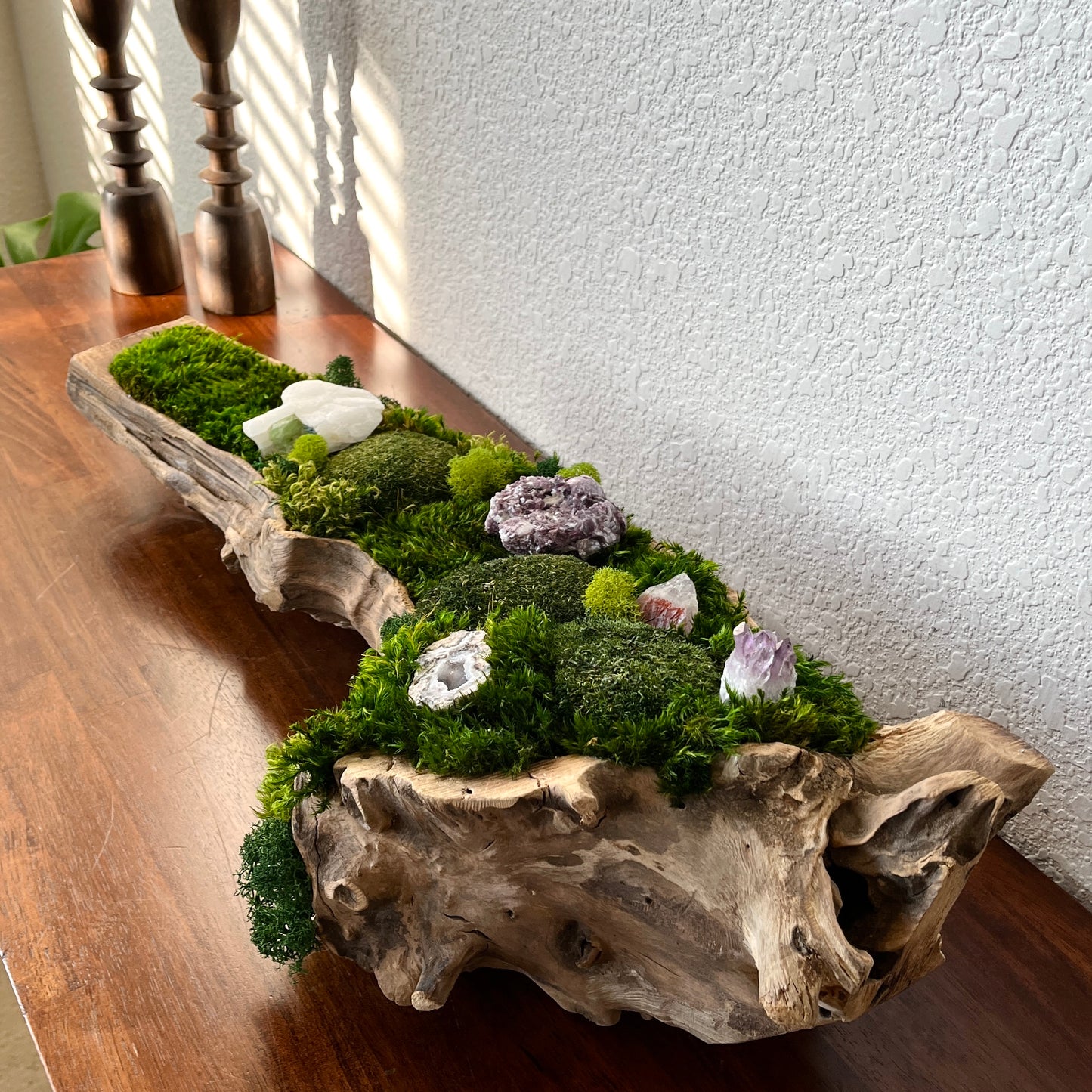37" or 24" Crystal Table Centerpiece Driftwood Preserved moss arrangement