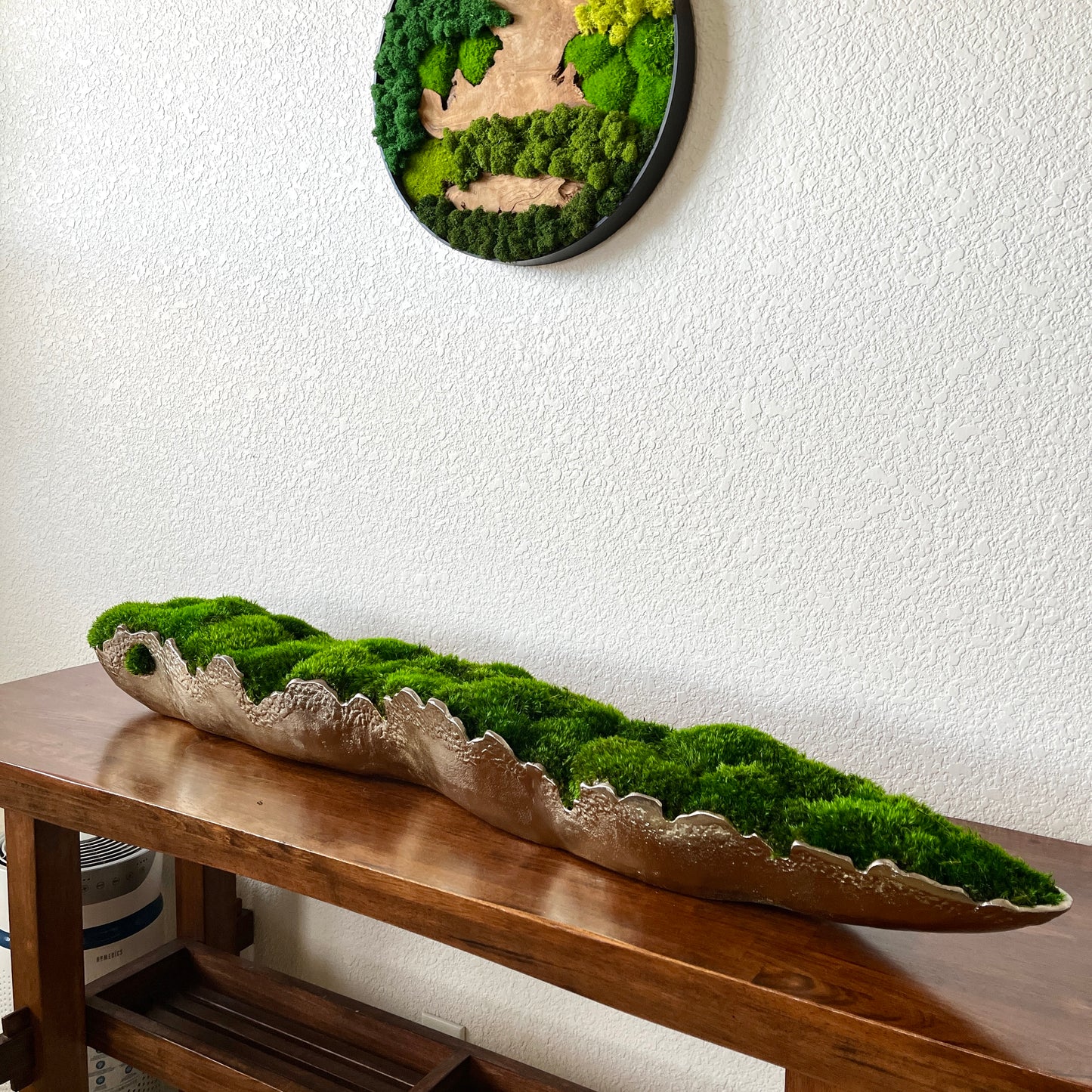 35" or 48" Pelagic Gold-Silver Metallic Aluminum Vessel with Preserved moss