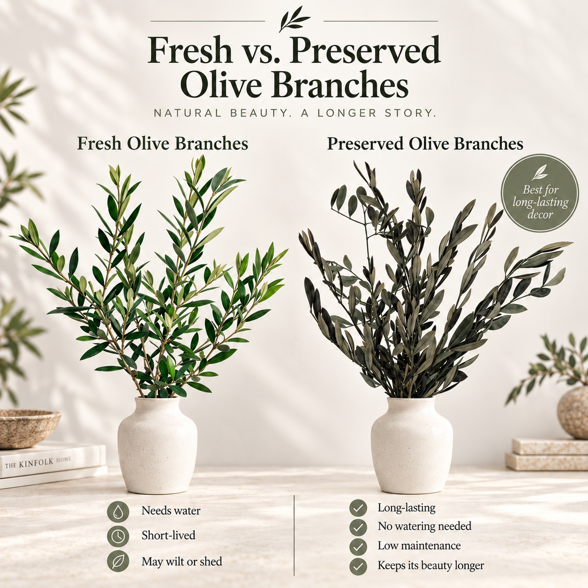 Preserved Italian Olive Branches – Real Dried Mediterranean Greenery Stems for Tall Vase