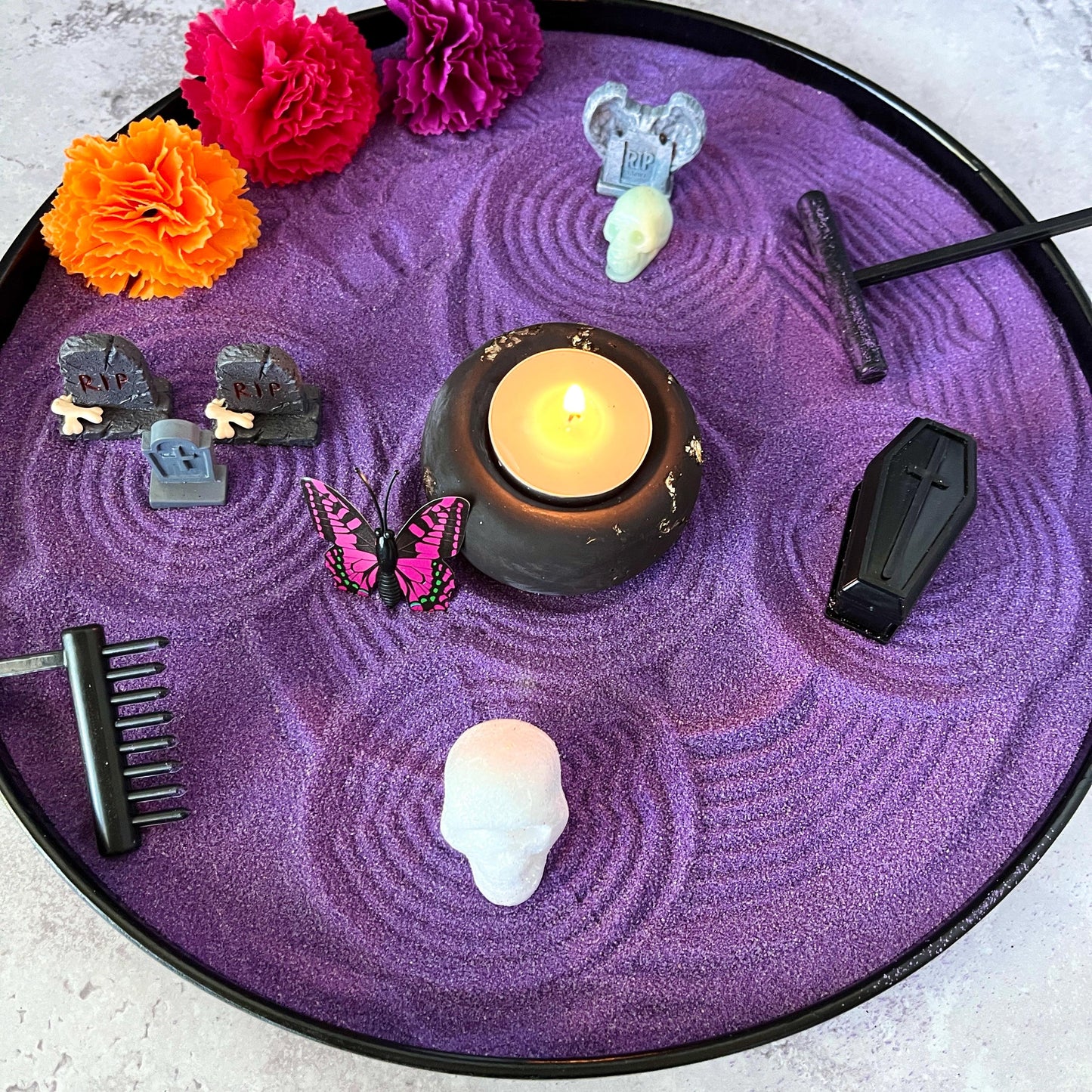 Memorial zen garden kit with engraved stone and crystals