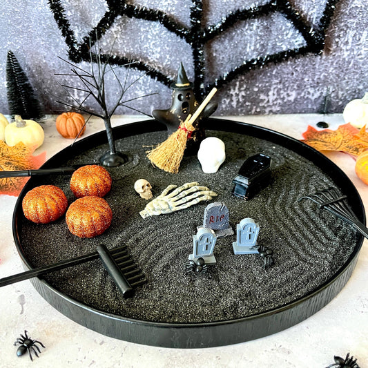 Gothic Halloween zen garden kit with black sand and concrete ghost