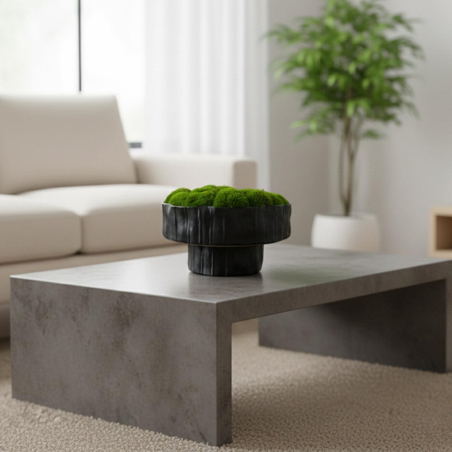 Black ceramic moss bowl styled on a coffee table in a living room