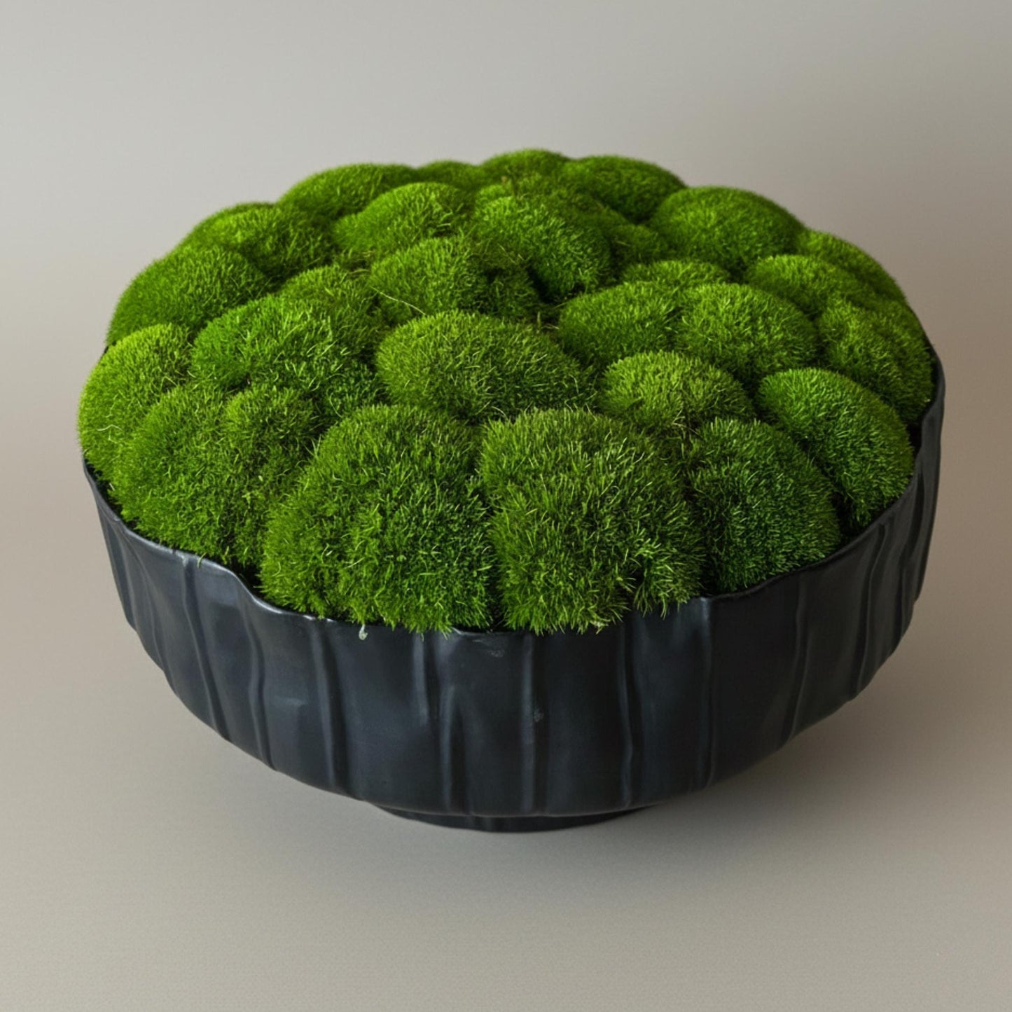 Close-up of vibrant green preserved moss in a black ceramic bowl