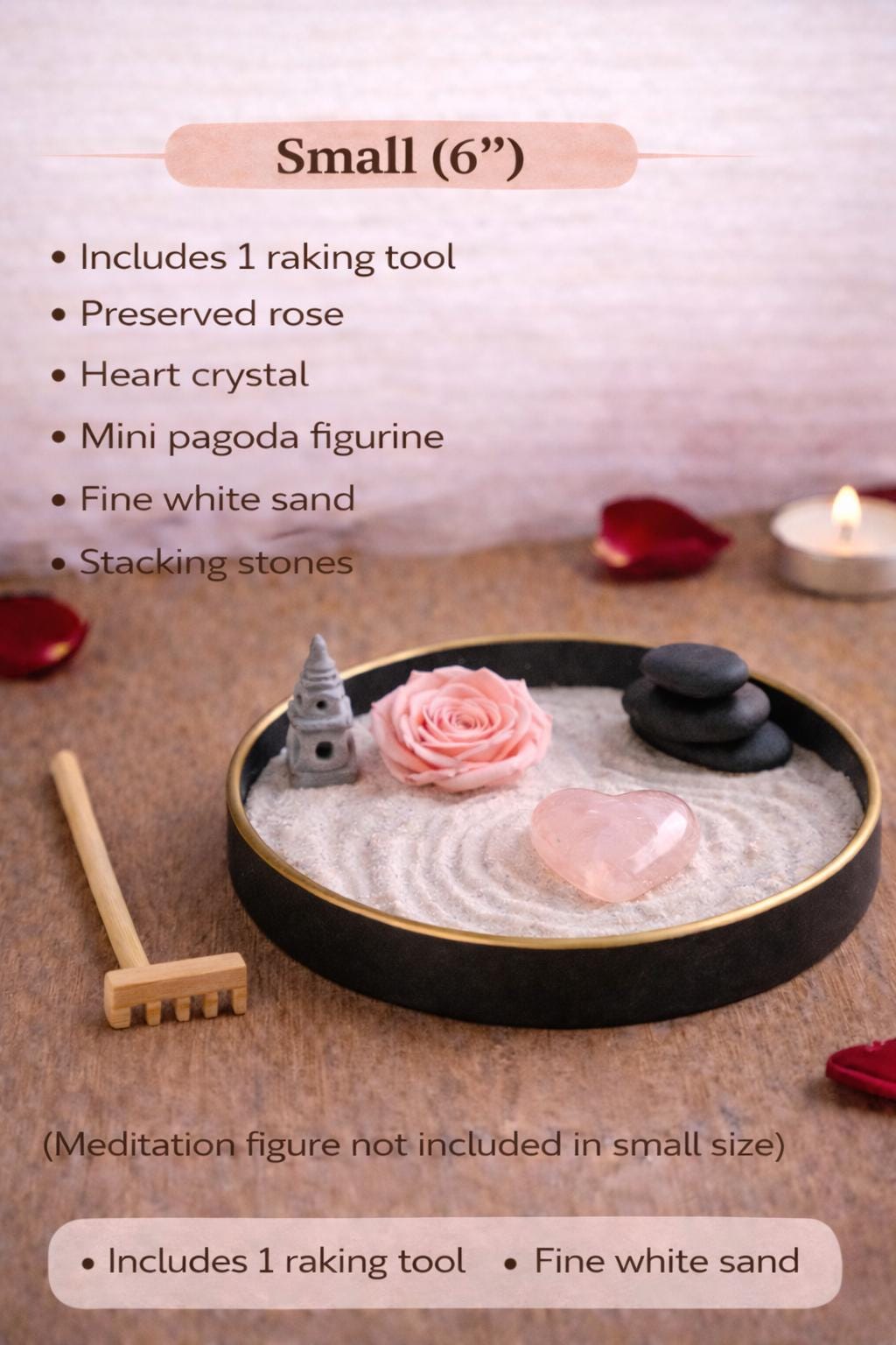 Small 6 inch zen garden tray with rose, crystal, and rake