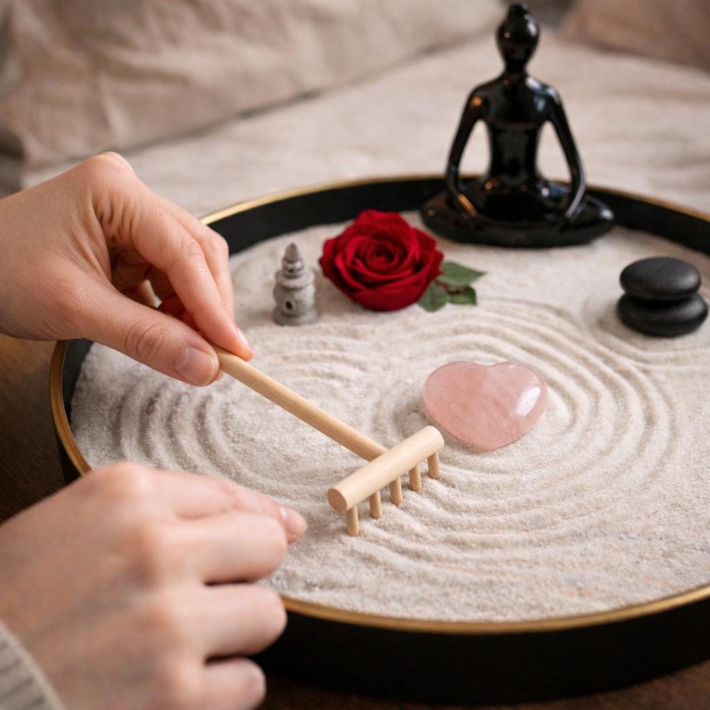 Zen garden with rose, heart crystal, meditation figure, and black stones
