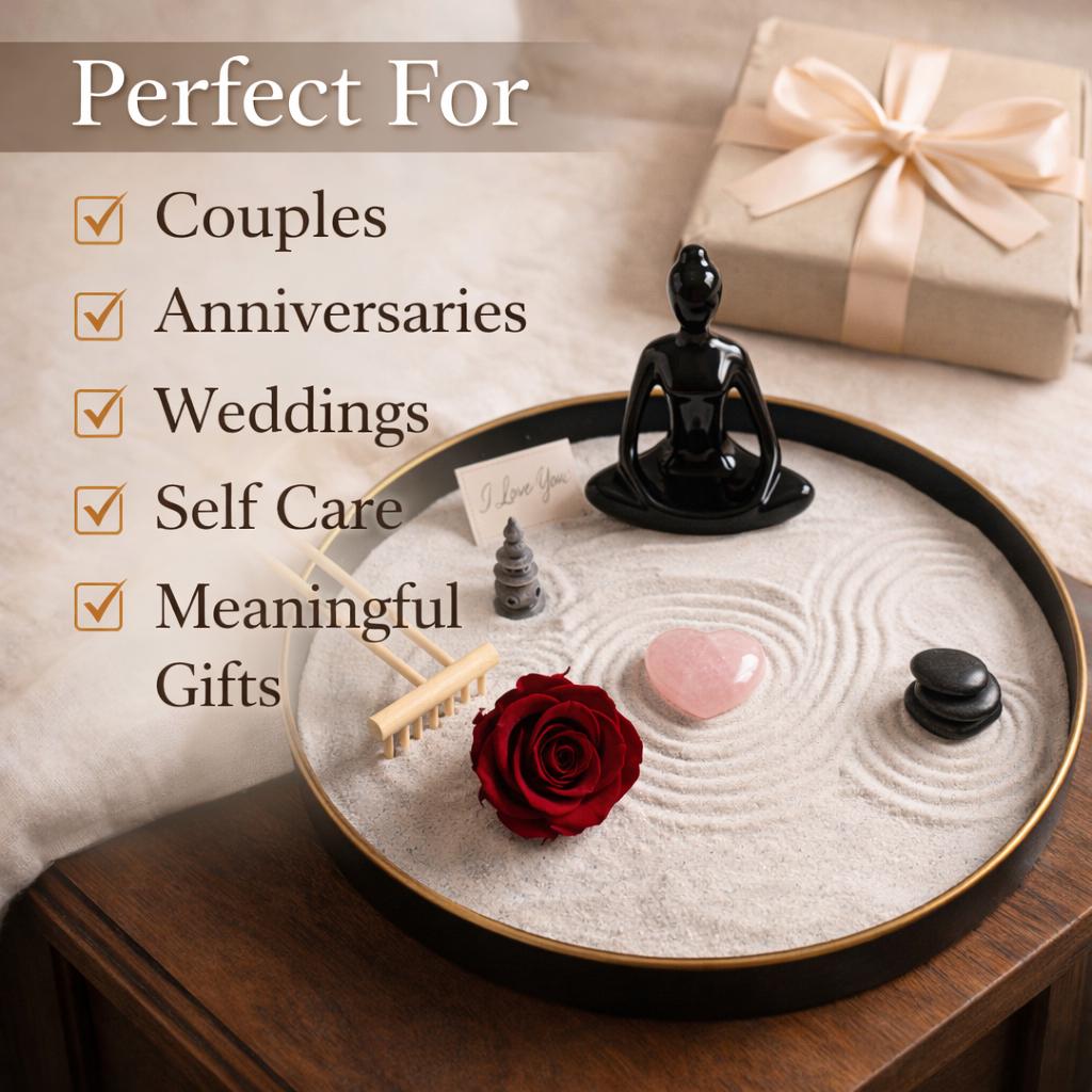 Zen garden tray gift set with Buddha figure and heart crystal