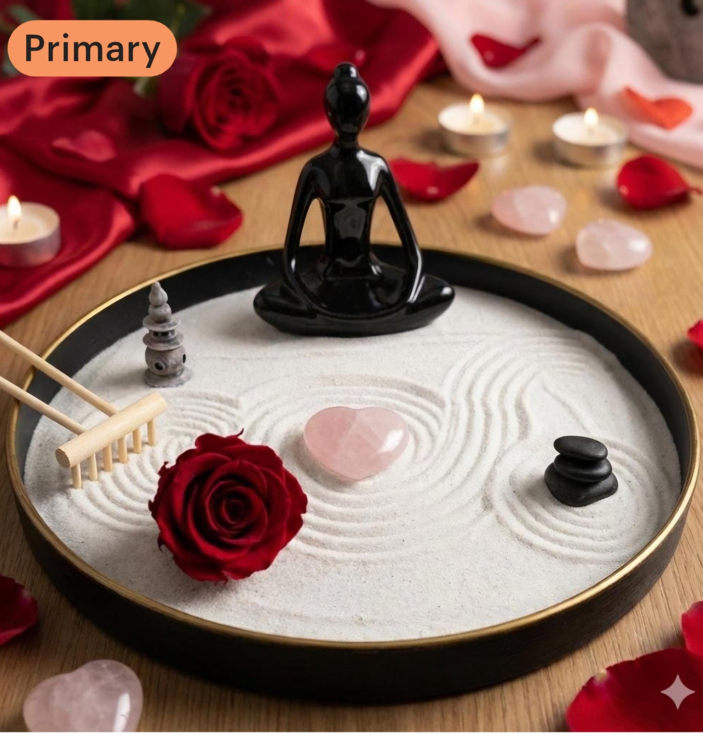 Zen garden tray styled with candles and rose petals