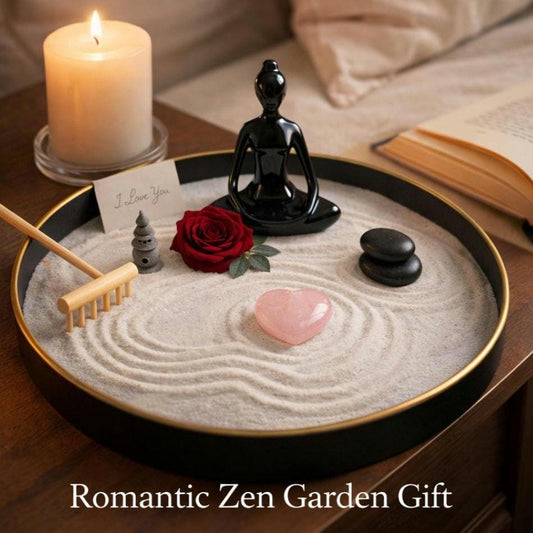 Zen garden tray with black gold-rimmed tray, white sand, and wooden rake