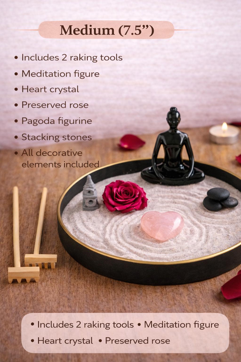 Medium 7.5 inch zen garden kit with crystal, rose, and stacking stones
