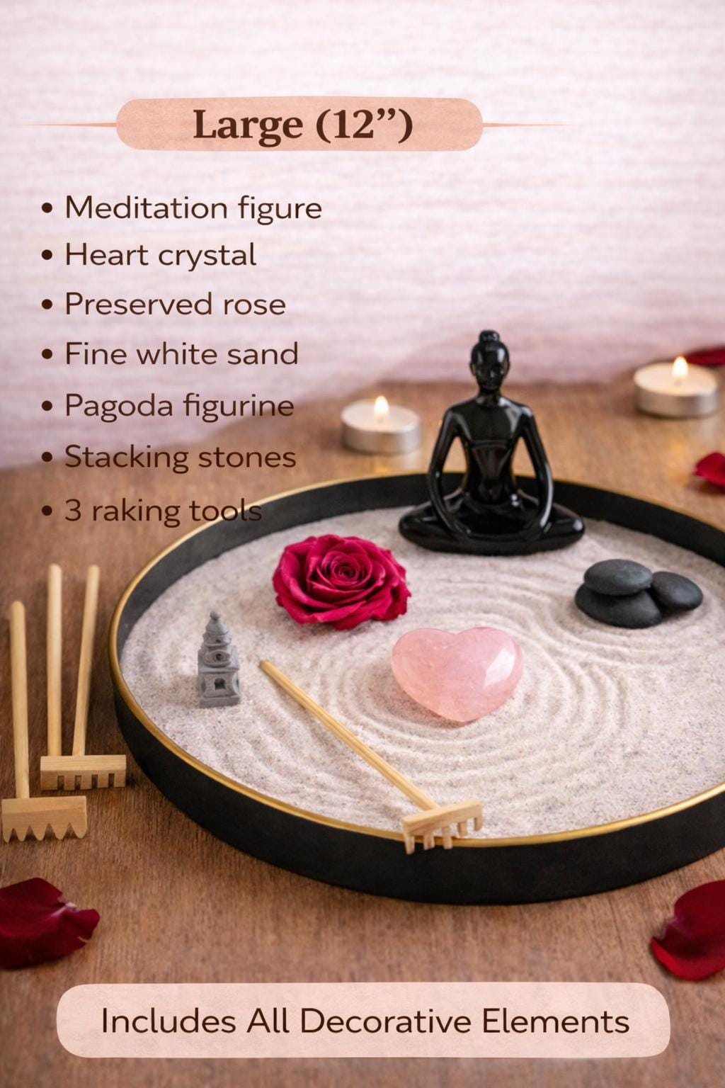 Large 12 inch zen garden kit contents with meditation figure and crystal