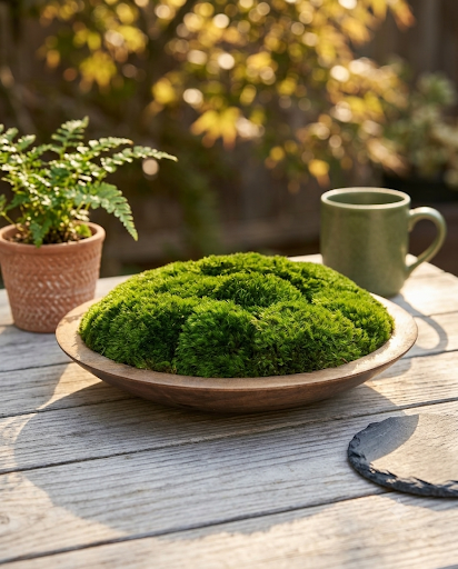 Moss Centerpiece – 12 or 16 Inch Preserved Natural Greenery in Rustic Wood Bowl