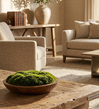 Moss Centerpiece – 12 or 16 Inch Preserved Natural Greenery in Rustic Wood Bowl