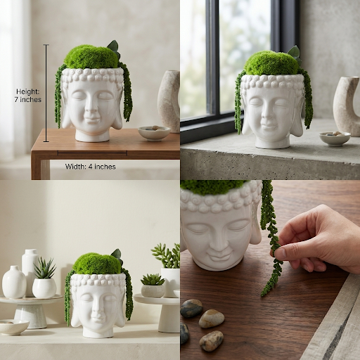 Buddha Head Planter – White Ceramic with Preserved Moss Zen Garden Home Decor