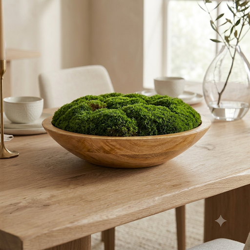 Moss Centerpiece – 12 or 16 Inch Preserved Natural Greenery in Rustic Wood Bowl