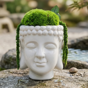 Buddha Head Planter – White Ceramic with Preserved Moss Zen Garden Home Decor