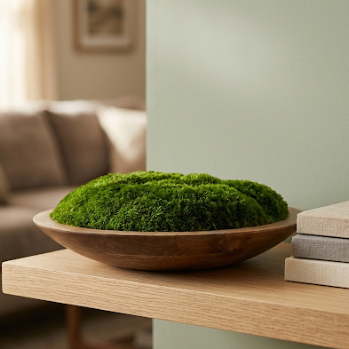 Moss Centerpiece – 12 or 16 Inch Preserved Natural Greenery in Rustic Wood Bowl